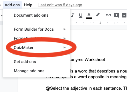 Google Docs menu options